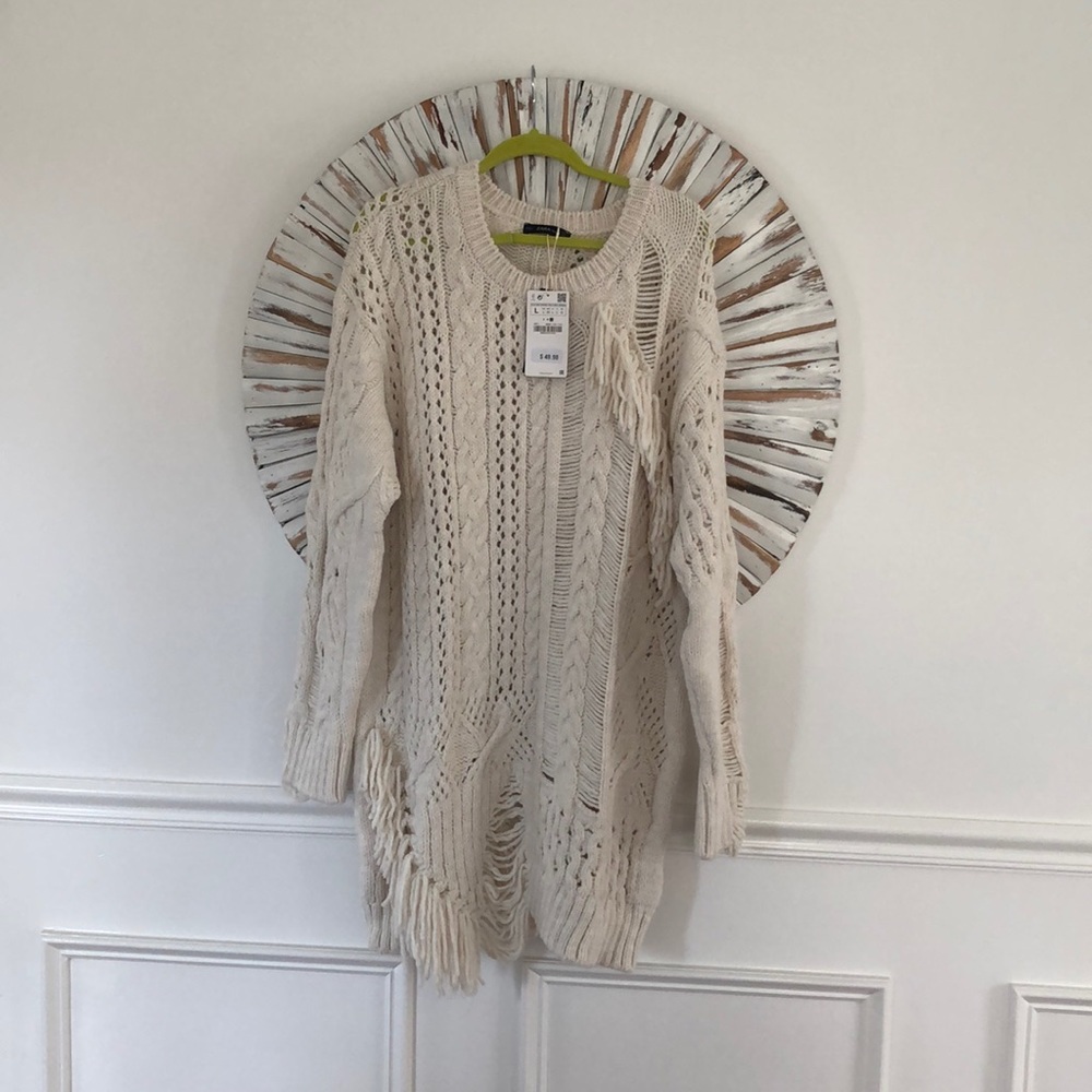 NWT Zara Knit Distressed Fringe Sweater